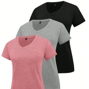 3-Pack Women’s V-Neck Fitted T-Shirts | Grey, Pink & Black | Size 12
